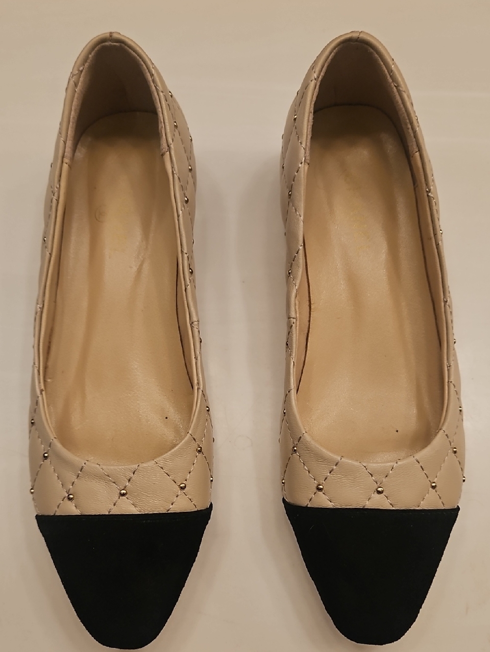 Not Chanel Women’s Quilted Beige and Black Pointed-Toe Flats